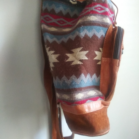 Southwestern Backpack Brown Leather Suede Aztec Fabric Drawstring Bucket Bag - Picture 3 of 7